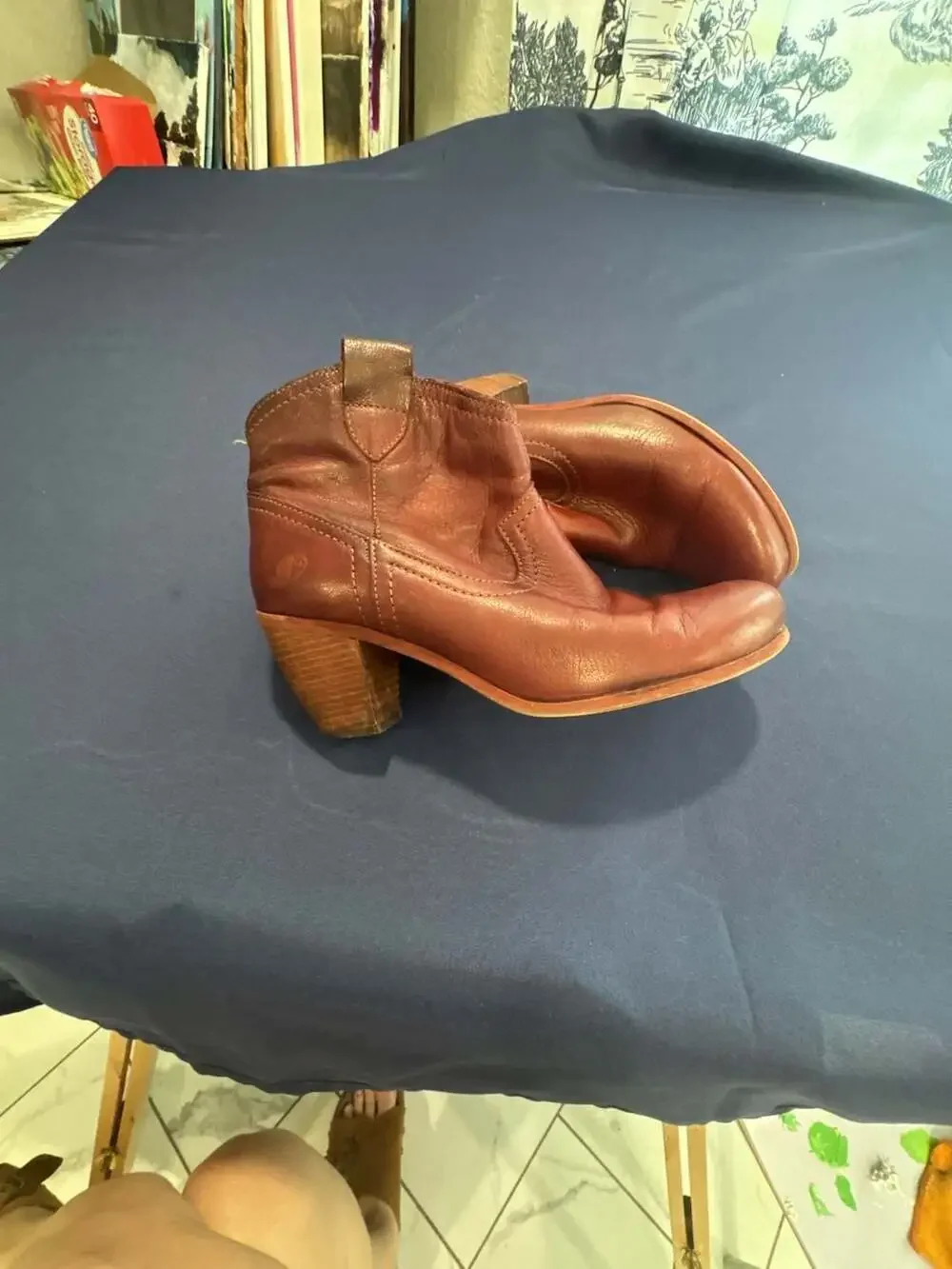 Felmini Deep Cognac  Leather Western Ankle Boots with Striped Lining